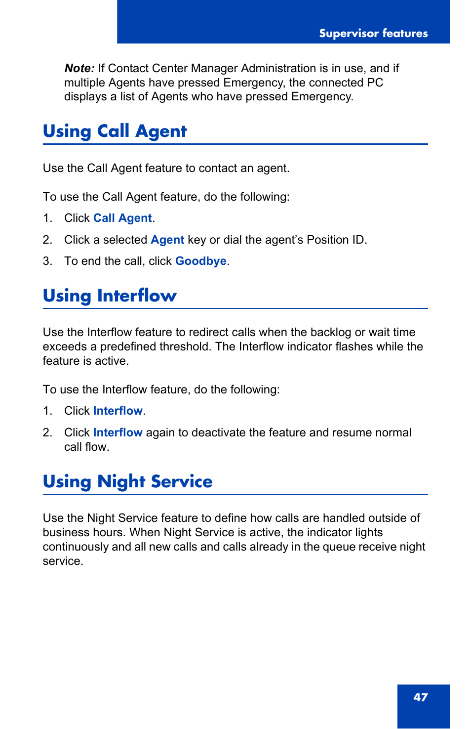 Using call agent, Using interflow, Using night service | Nortel Networks i2050 User Manual | Page 47 / 56