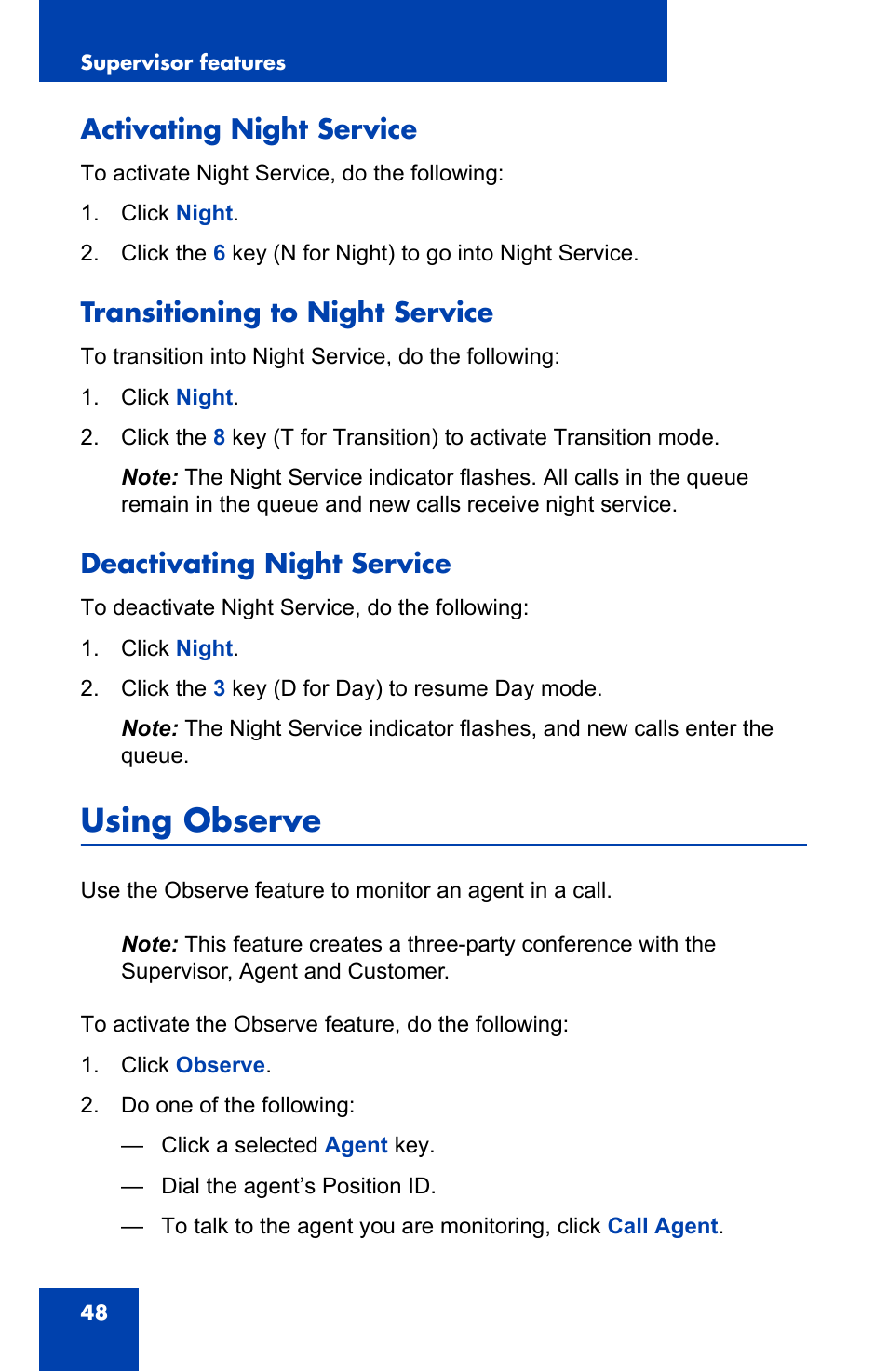 Activating night service, Transitioning to night service, Deactivating night service | Using observe | Nortel Networks i2050 User Manual | Page 48 / 56