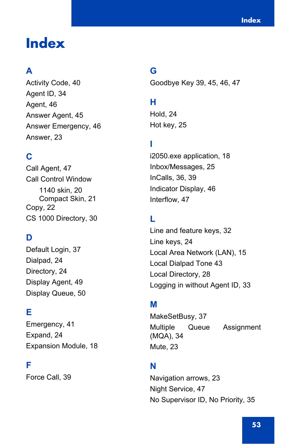 Index | Nortel Networks i2050 User Manual | Page 53 / 56