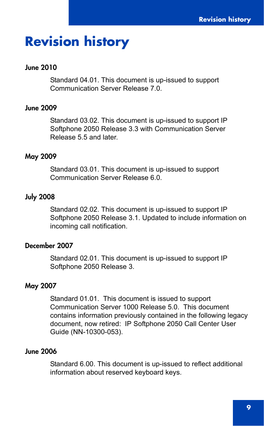 Revision history | Nortel Networks i2050 User Manual | Page 9 / 56