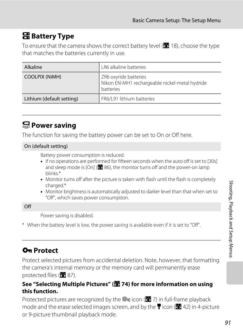 Battery type, Power saving, Protect | S battery type z power saving d protect, A 91), A 91) are, A 91) and cop, A 91, S battery type, Z power saving | Nikon L14 User Manual | Page 103 / 128
