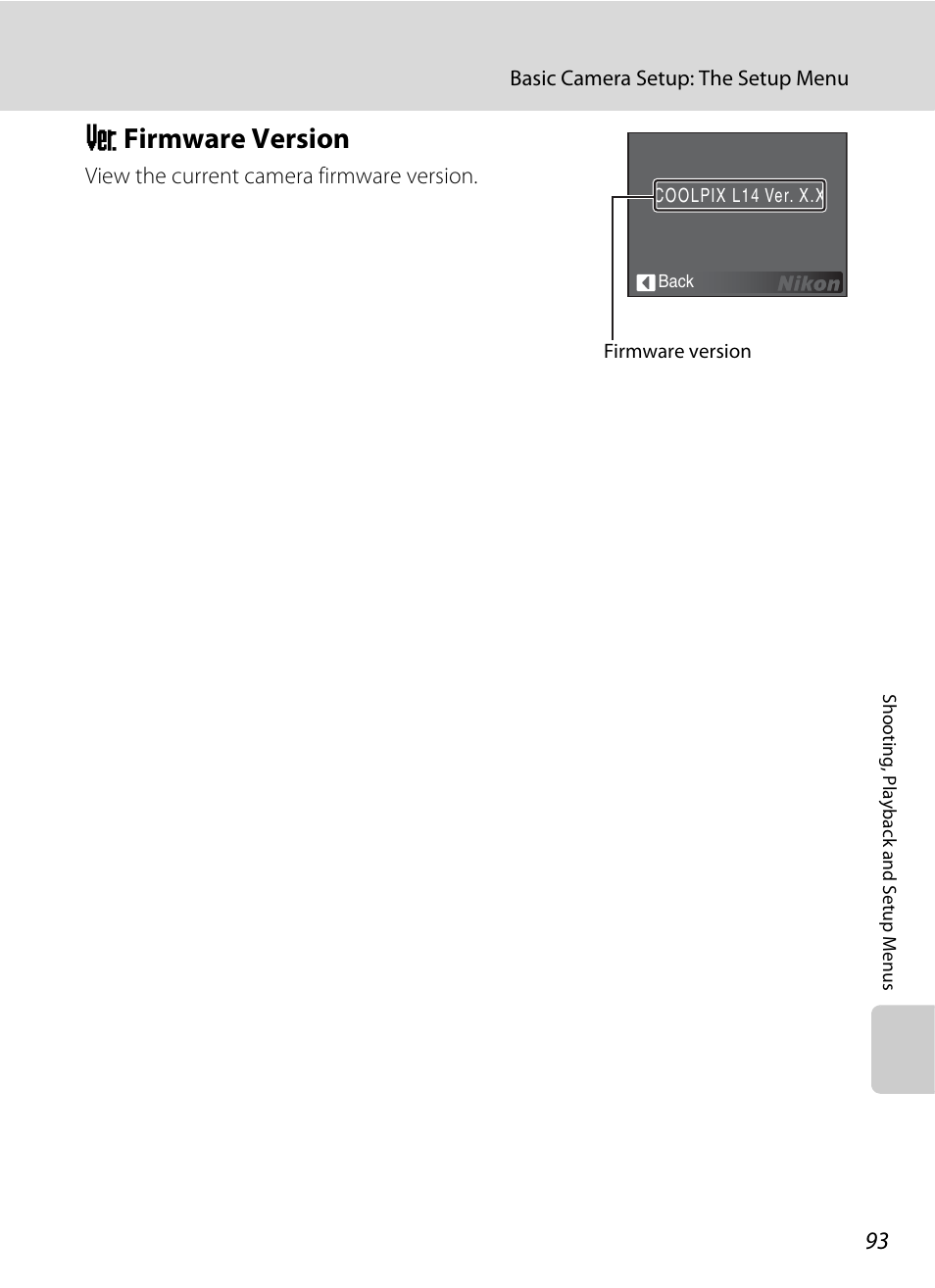 Firmware version, R firmware version, A 93 | Nikon L14 User Manual | Page 105 / 128