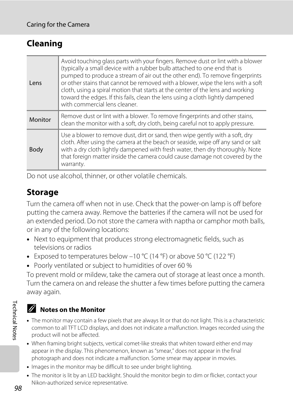 Cleaning, Storage, Cleaning storage | Nikon L14 User Manual | Page 110 / 128