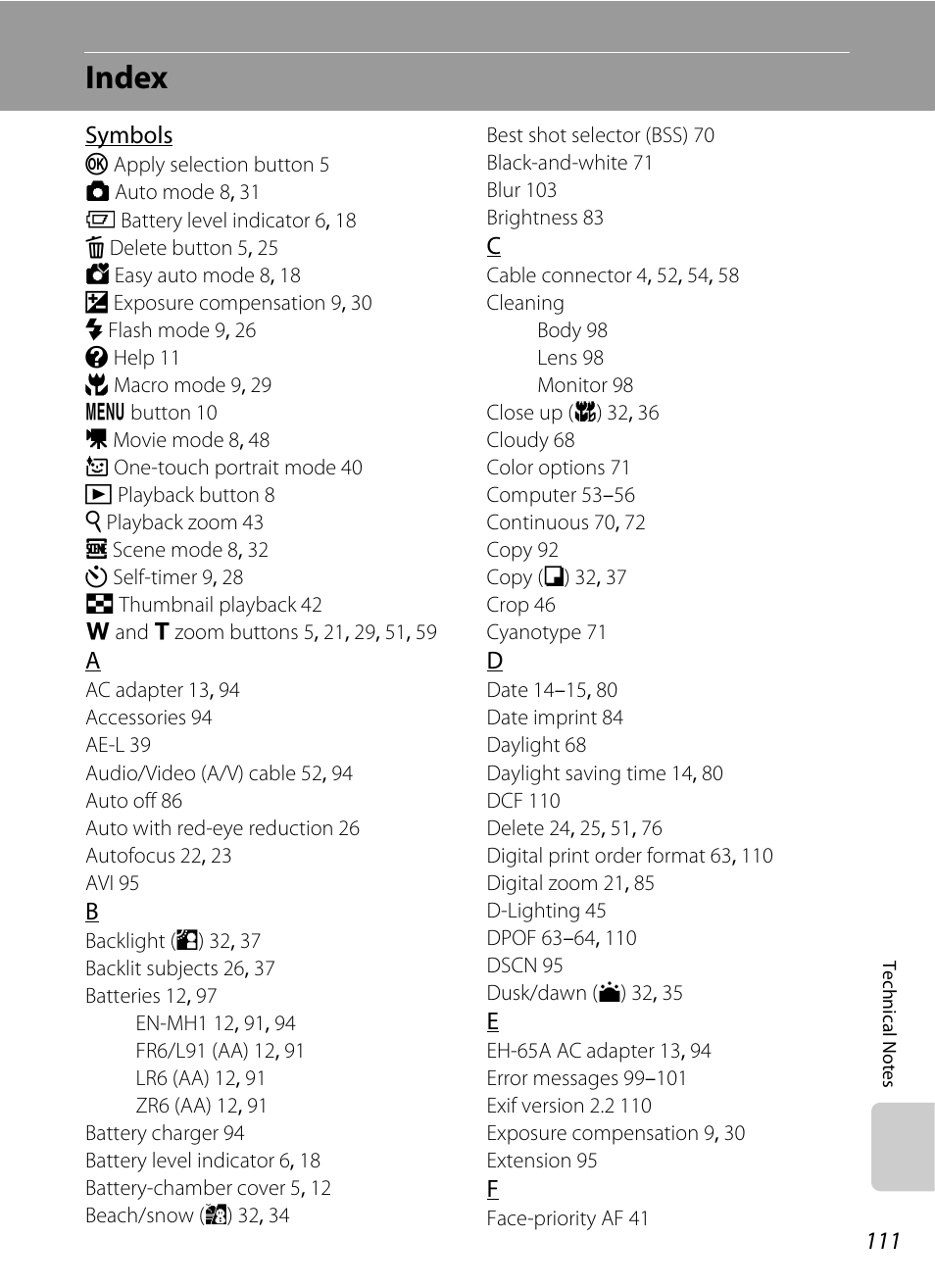 Index | Nikon L14 User Manual | Page 123 / 128
