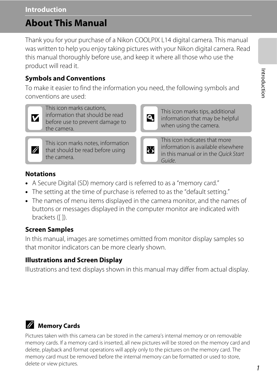 Introduction, About this manual | Nikon L14 User Manual | Page 13 / 128