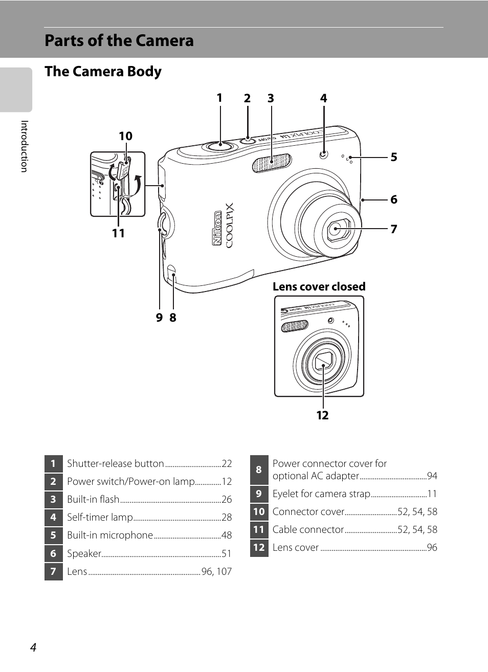 Parts of the camera, The camera body | Nikon L14 User Manual | Page 16 / 128