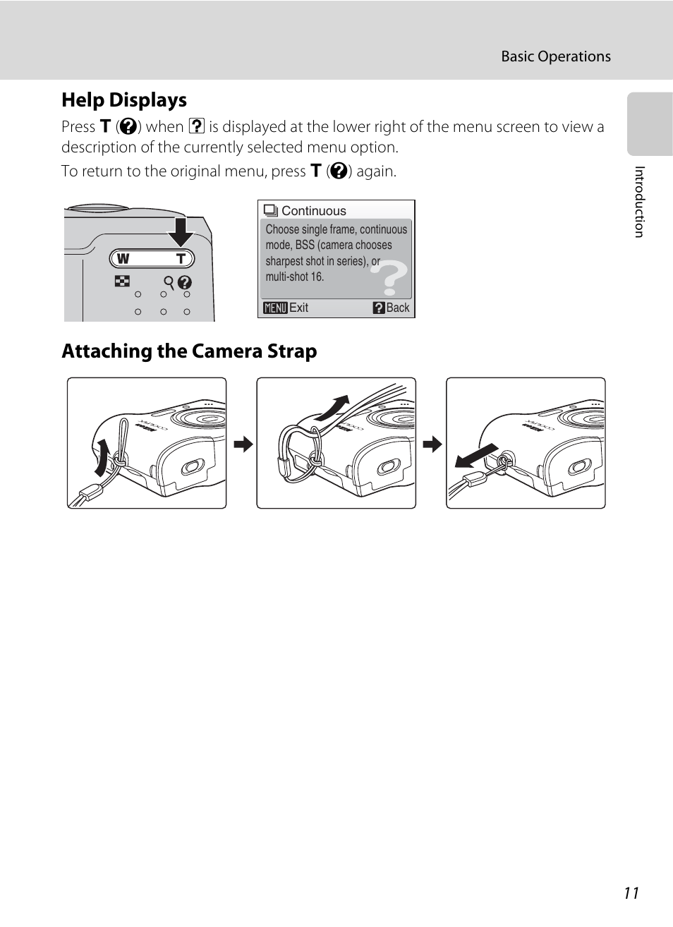 Help displays, Attaching the camera strap, Help displays attaching the camera strap | Nikon L14 User Manual | Page 23 / 128