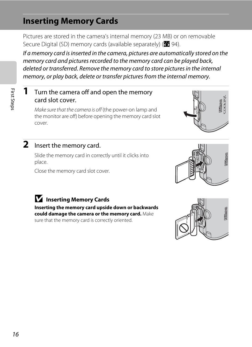 Inserting memory cards | Nikon L14 User Manual | Page 28 / 128