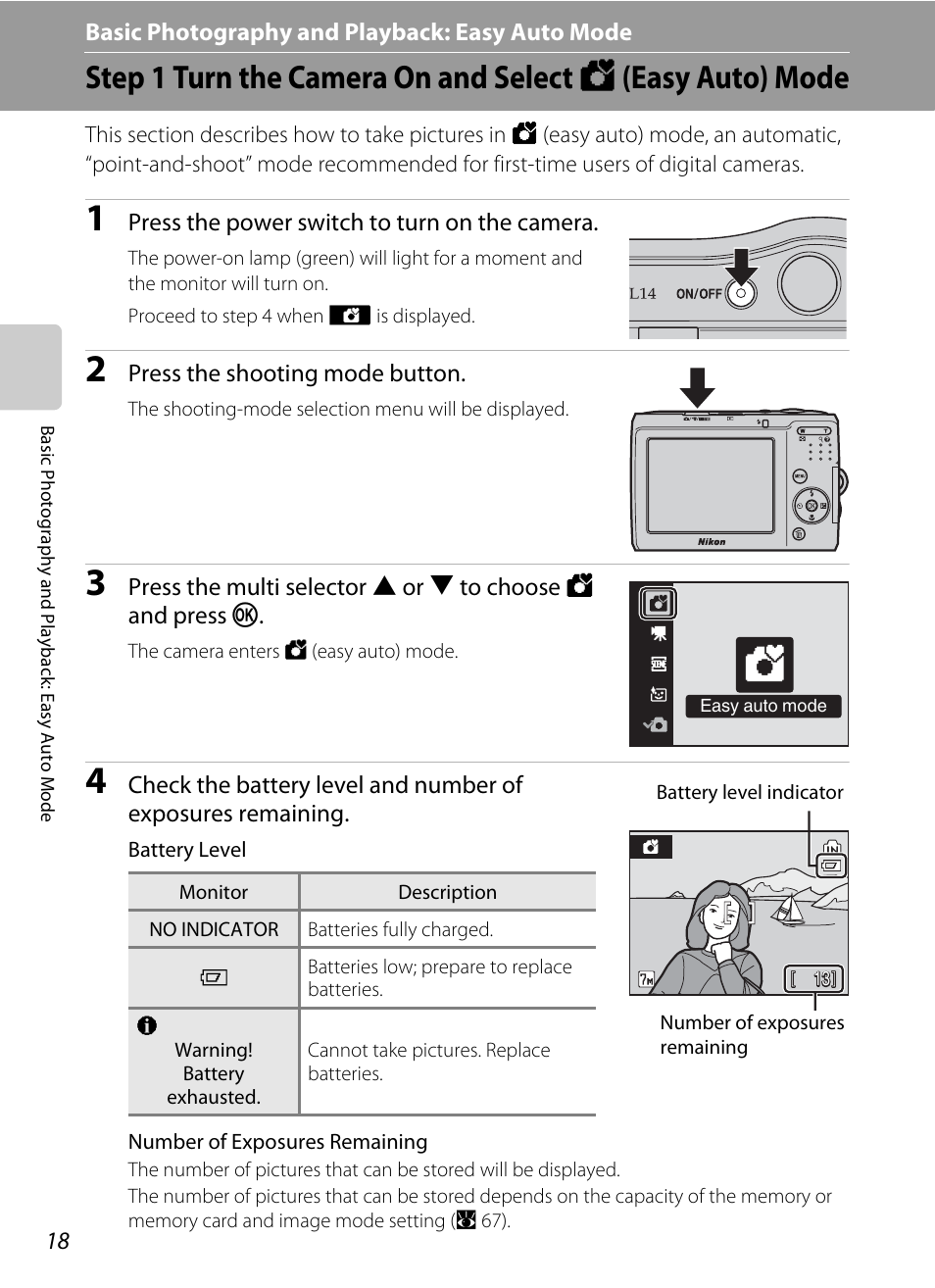Basic photography and playback: easy auto mode, G basic photography and playback: easy auto mode, Mode (a 18 | Nikon L14 User Manual | Page 30 / 128