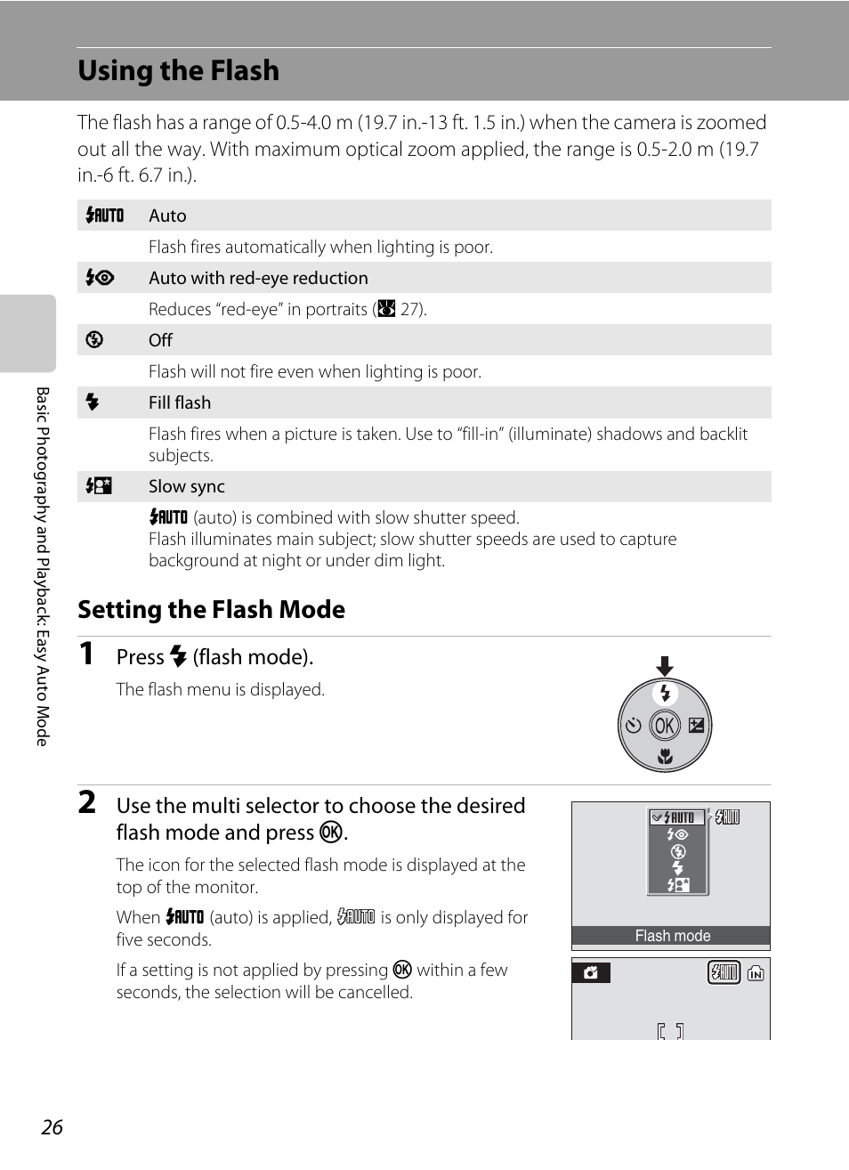 Using the flash, Setting the flash mode, A 26) m | A 26) | Nikon L14 User Manual | Page 38 / 128