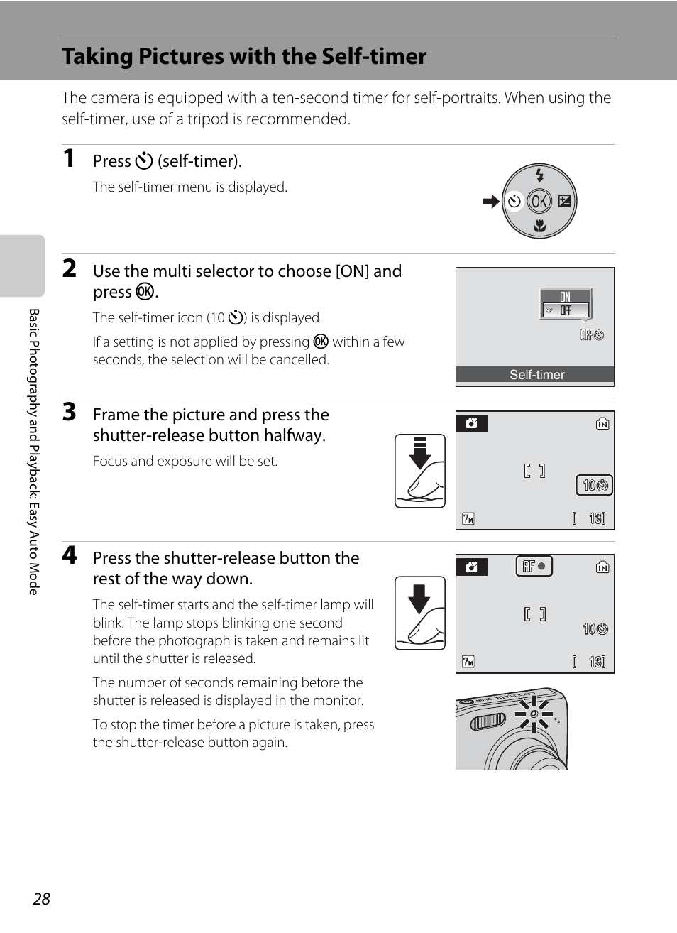 Taking pictures with the self-timer, A 28) menu, A 28) | Nikon L14 User Manual | Page 40 / 128