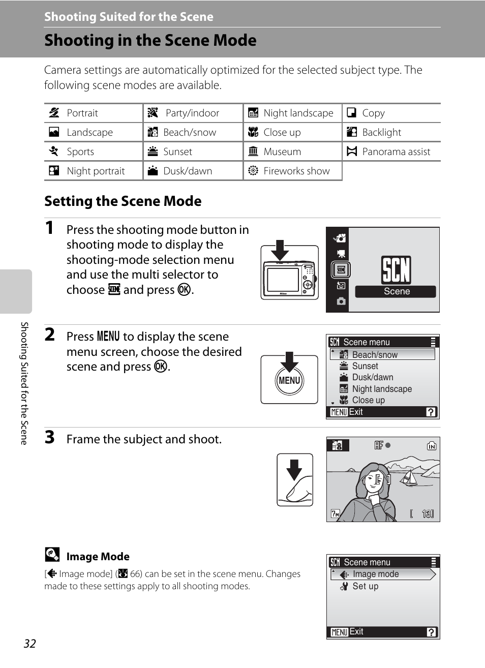 Shooting suited for the scene, Shooting in the scene mode, Setting the scene mode | C shooting suited for the scene, A 32) | Nikon L14 User Manual | Page 44 / 128