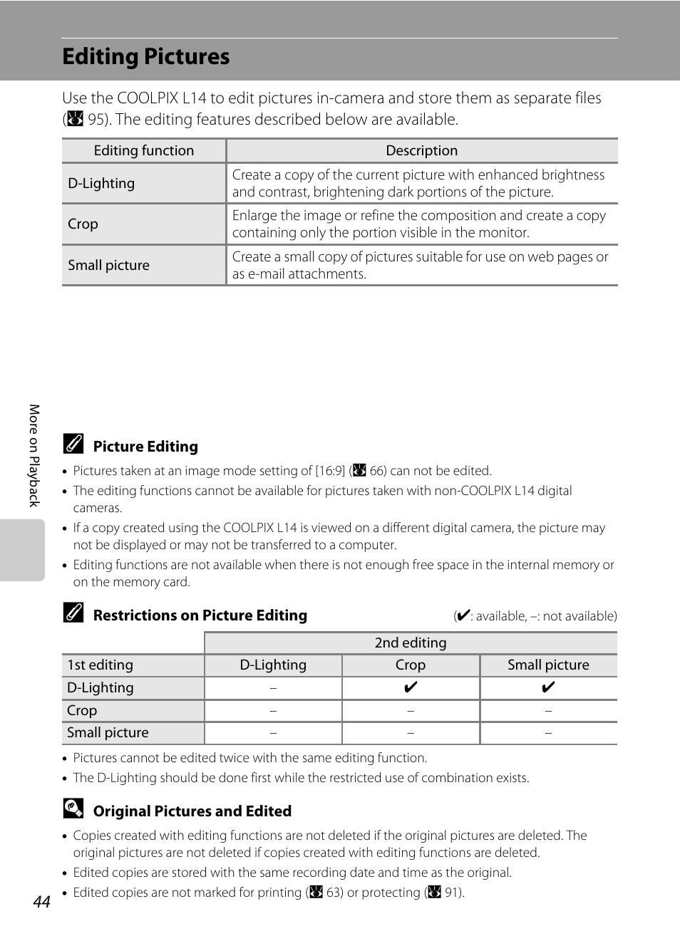 Editing pictures | Nikon L14 User Manual | Page 56 / 128