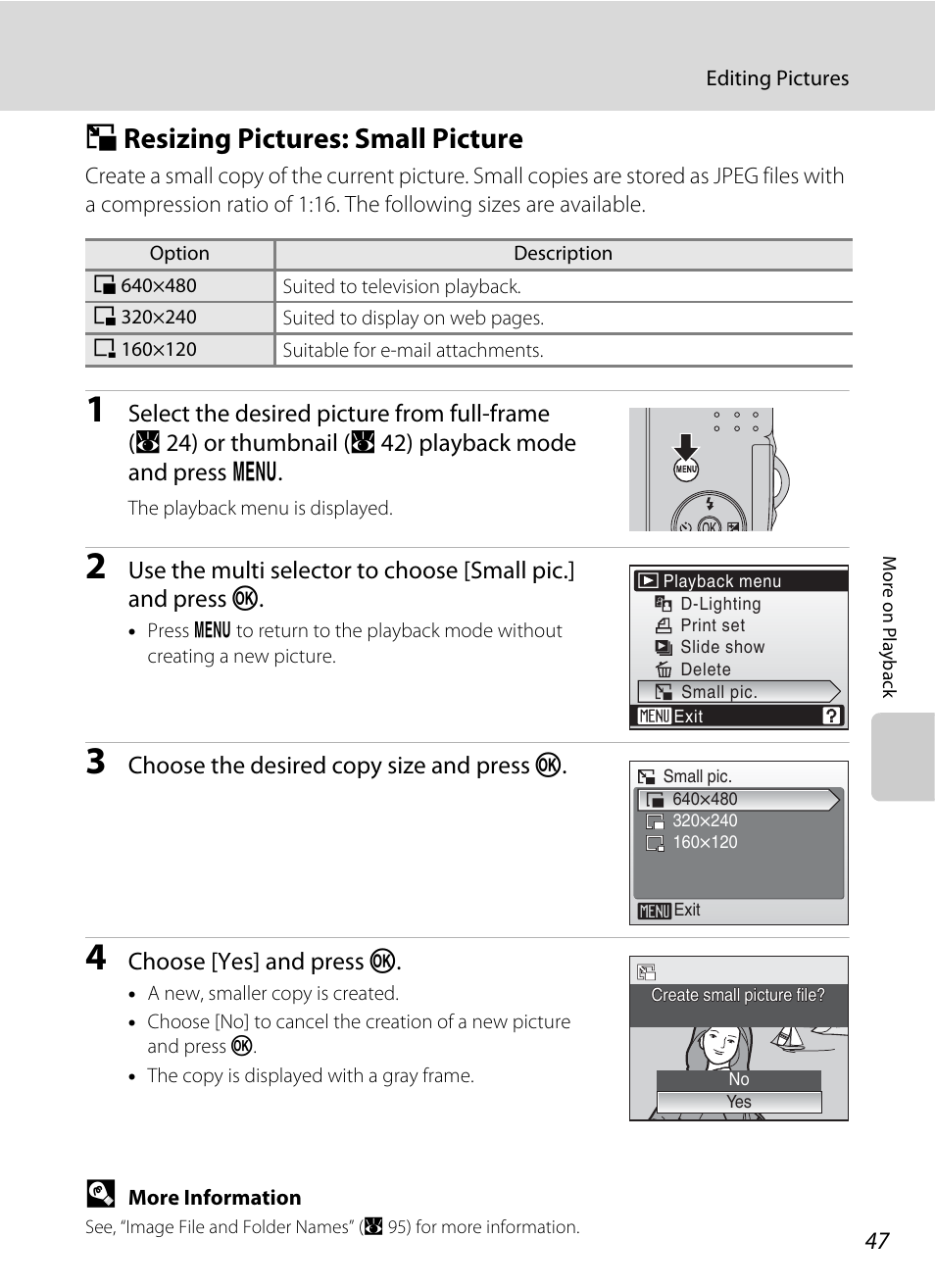 Resizing pictures: small picture, G resizing pictures: small picture | Nikon L14 User Manual | Page 59 / 128