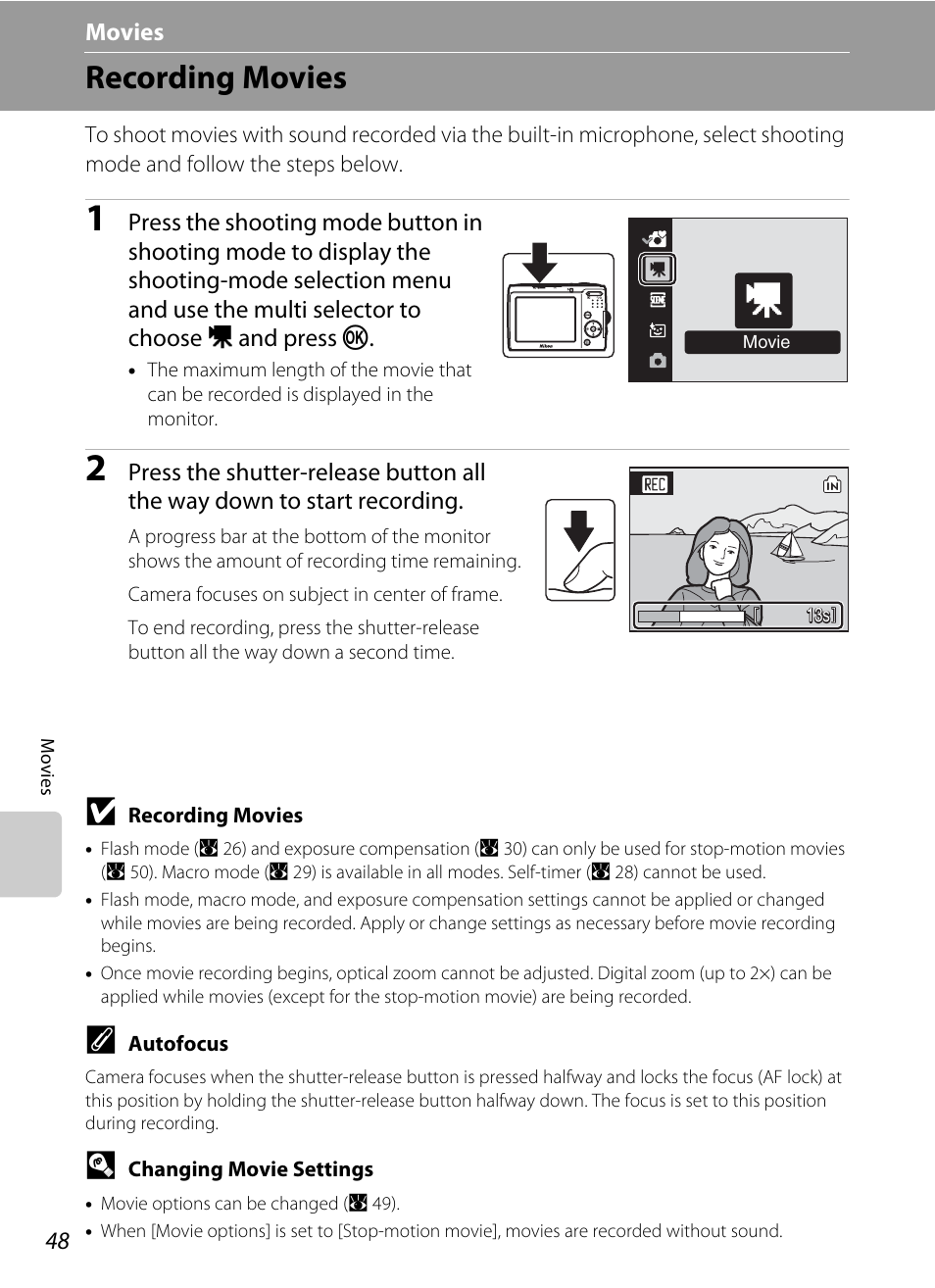 Movies, Recording movies, D movies | A 48) | Nikon L14 User Manual | Page 60 / 128