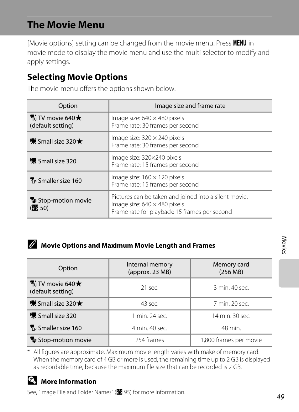 The movie menu, Selecting movie options, D (a 49) | Nikon L14 User Manual | Page 61 / 128