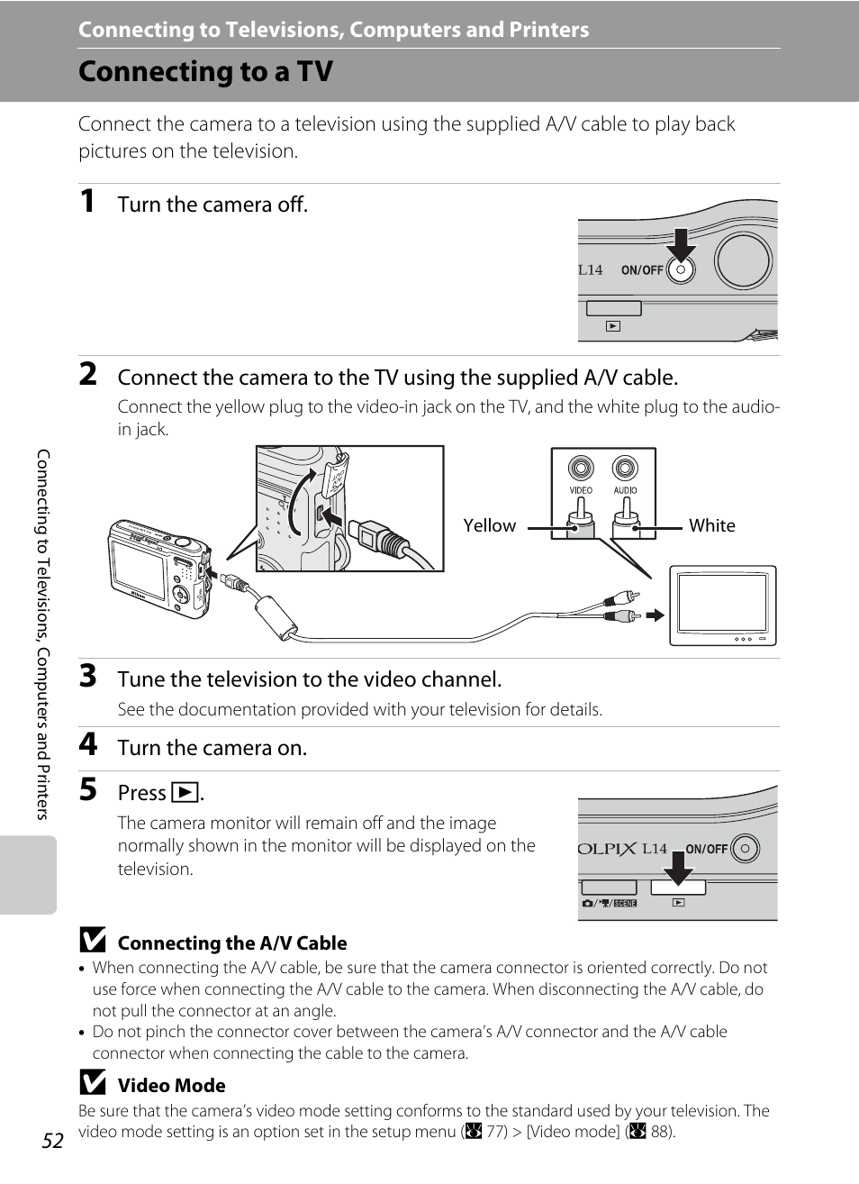 Connecting to televisions, computers and printers, Connecting to a tv | Nikon L14 User Manual | Page 64 / 128