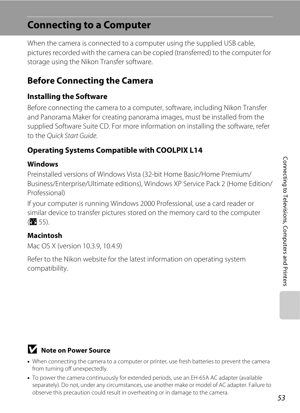 Connecting to a computer, Before connecting the camera | Nikon L14 User Manual | Page 65 / 128