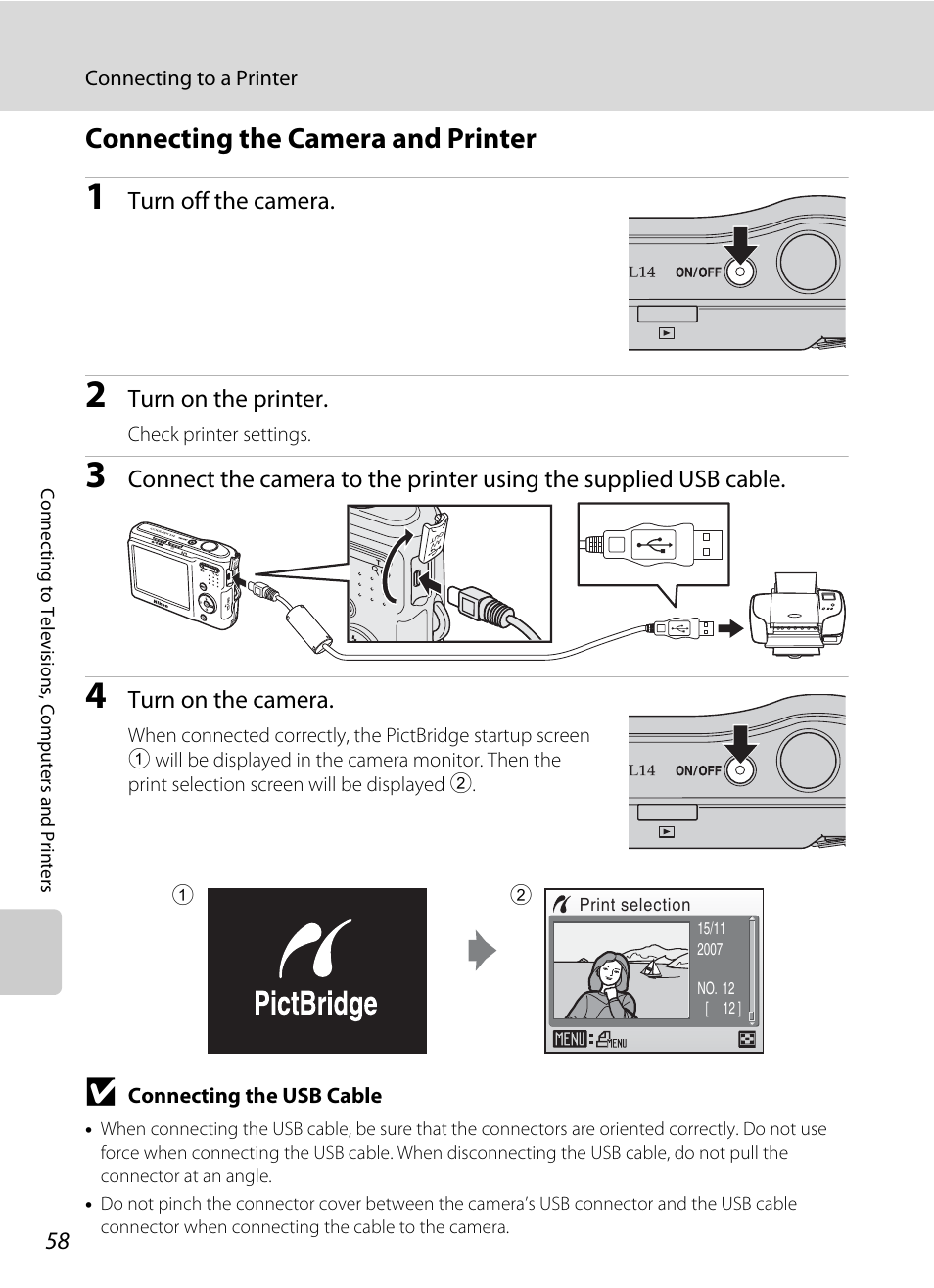 Connecting the camera and printer, A 58) | Nikon L14 User Manual | Page 70 / 128