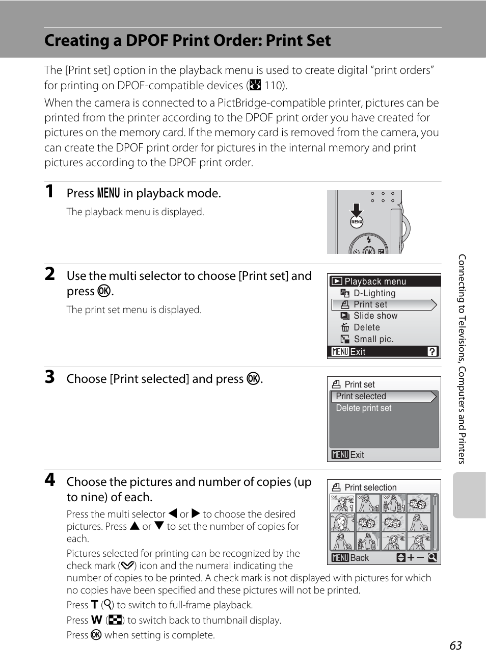 Creating a dpof print order: print set, A 63) | Nikon L14 User Manual | Page 75 / 128