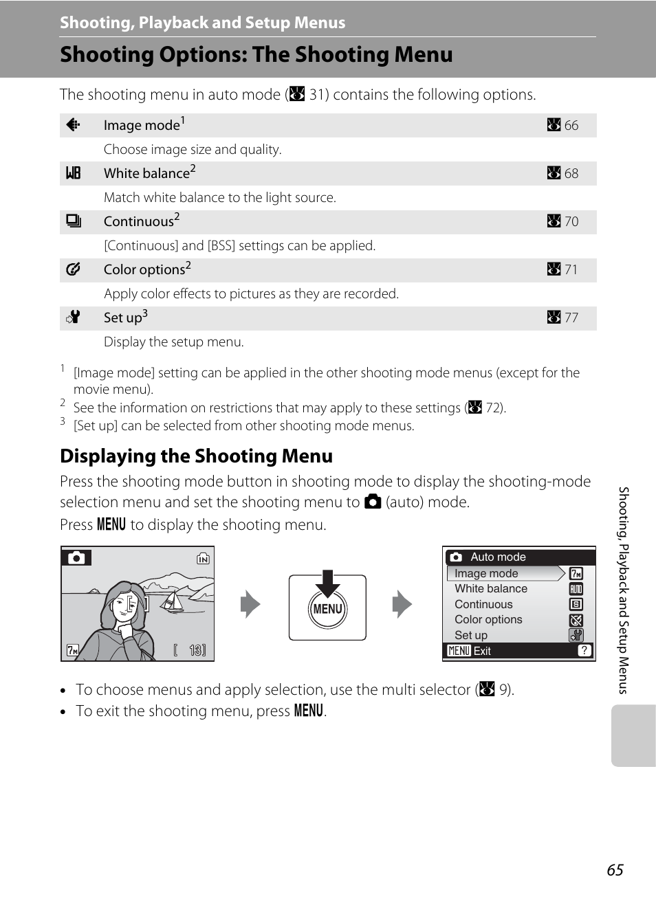 Shooting, playback and setup menus, Shooting options: the shooting menu, Displaying the shooting menu | D shooting, playback and setup menus, A 65) | Nikon L14 User Manual | Page 77 / 128