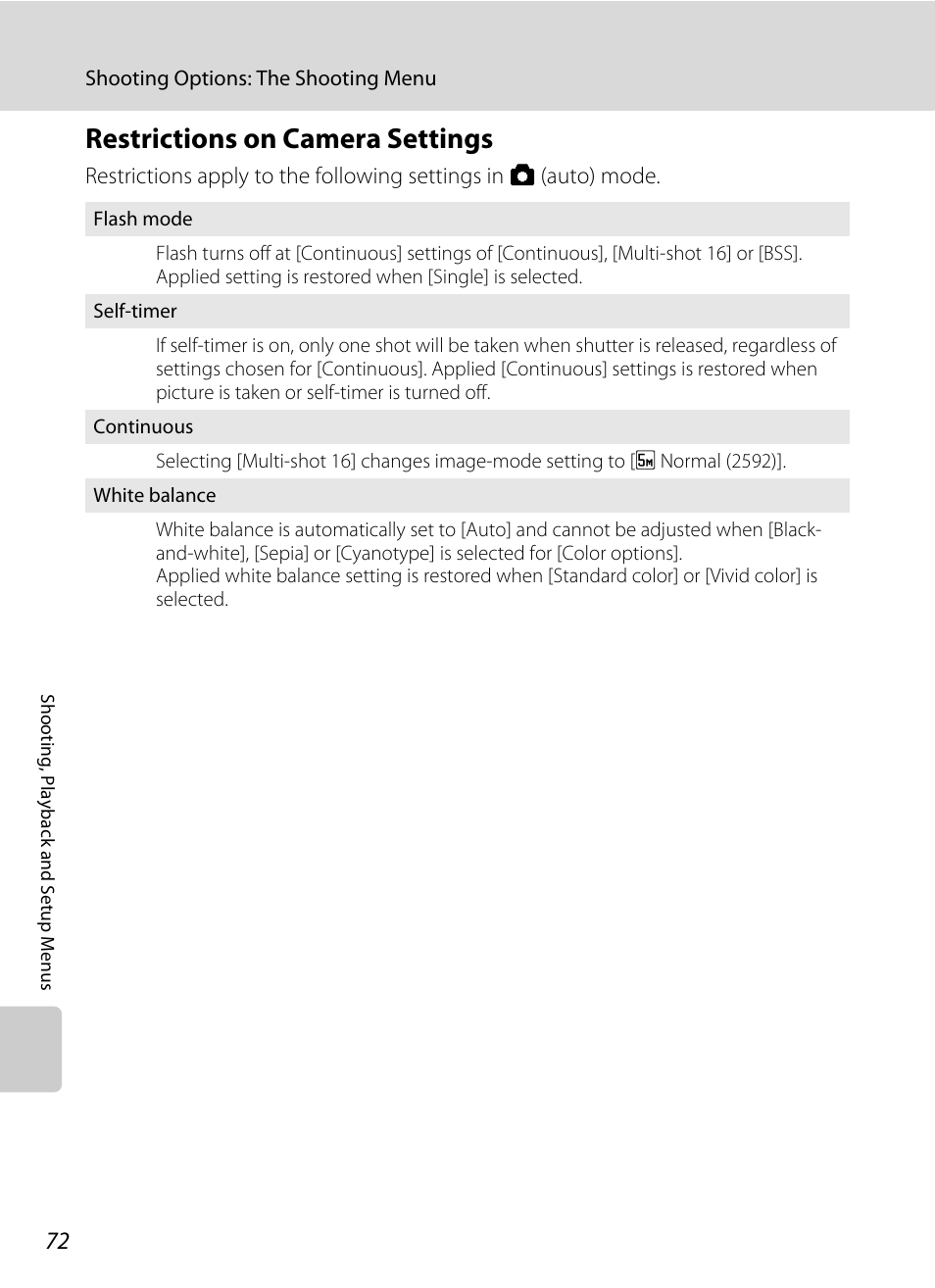 Restrictions on camera settings, A 72) | Nikon L14 User Manual | Page 84 / 128