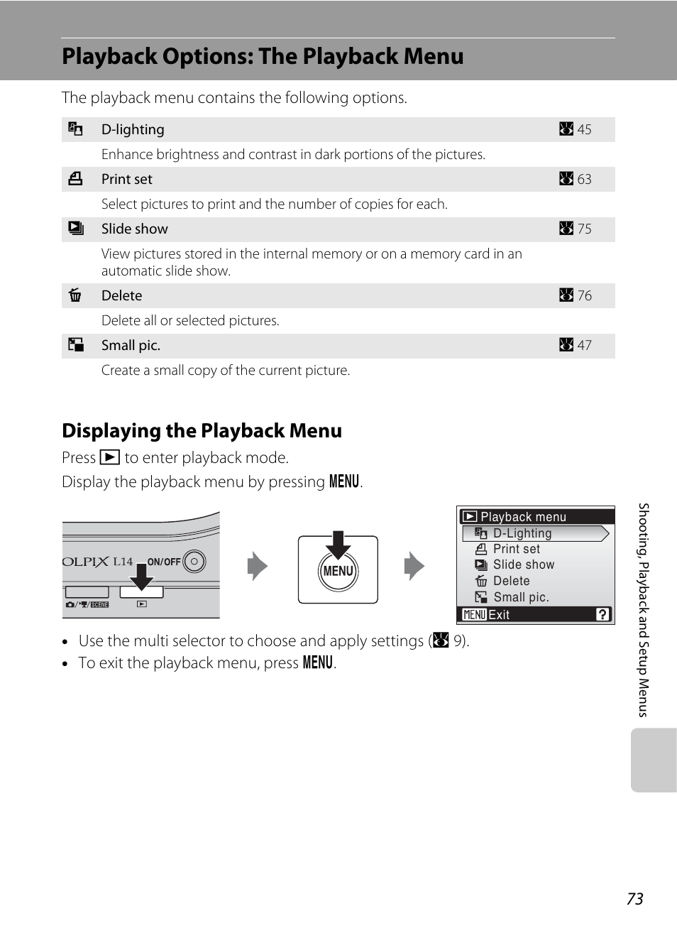Playback options: the playback menu, Displaying the playback menu | Nikon L14 User Manual | Page 85 / 128