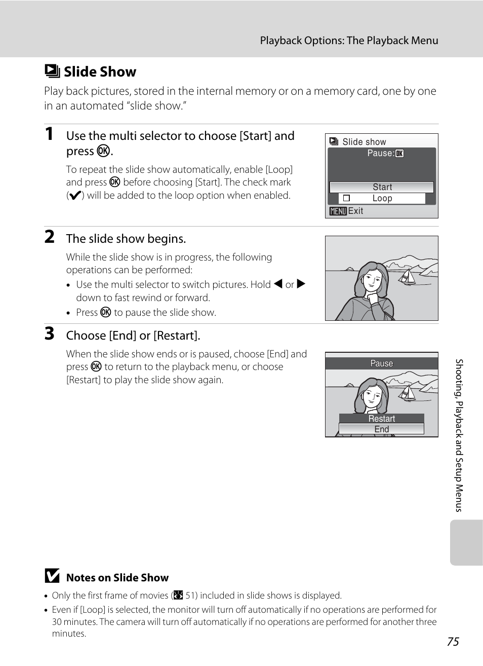 Slide show, B slide show, A 75 | Nikon L14 User Manual | Page 87 / 128