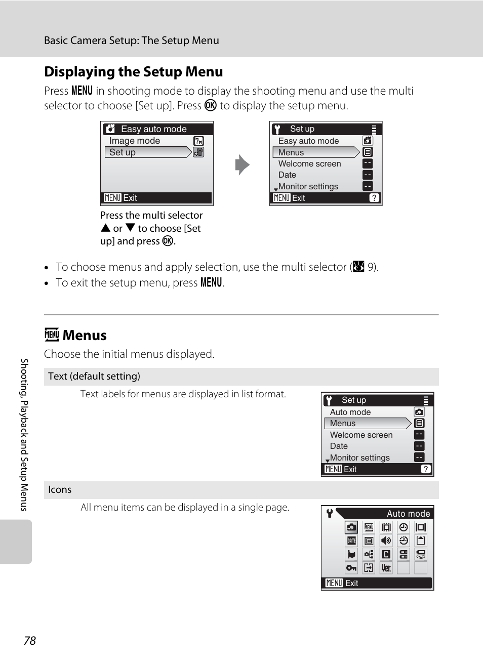 Displaying the setup menu, Menus, Displaying the setup menu a menus | A 78), A 78, A menus, Choose the initial menus displayed | Nikon L14 User Manual | Page 90 / 128