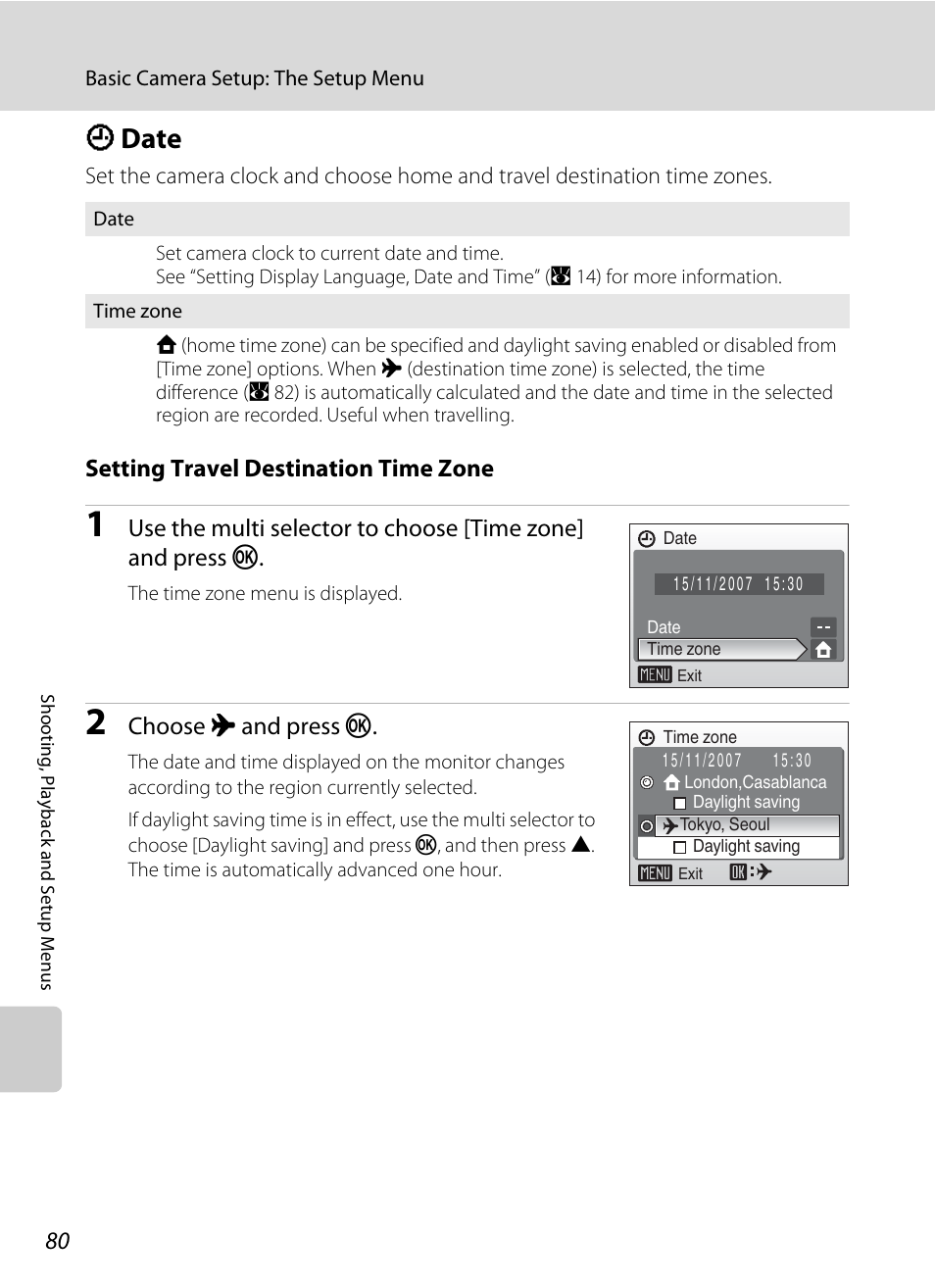 Date, D date, A 80) in | A 80, Setting travel destination time zone, Choose x and press k | Nikon L14 User Manual | Page 92 / 128