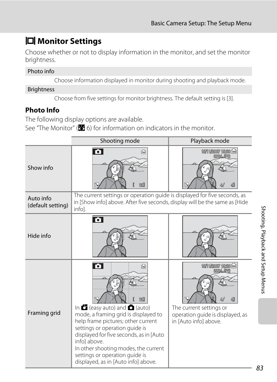 Monitor settings, E monitor settings, A 83 | Photo info | Nikon L14 User Manual | Page 95 / 128