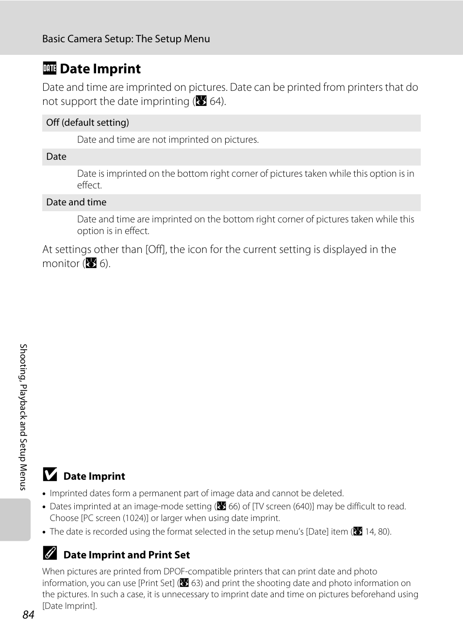 Date imprint, F date imprint, A 84) | A 84 | Nikon L14 User Manual | Page 96 / 128