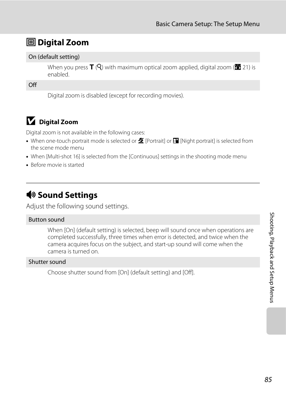 Digital zoom, Sound settings, U digital zoom i sound settings | A 85, U digital zoom, I sound settings | Nikon L14 User Manual | Page 97 / 128