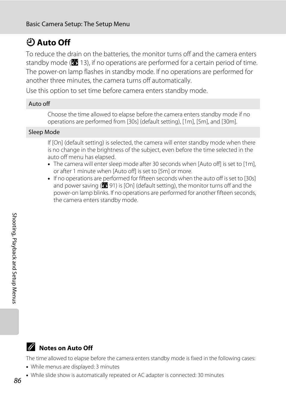 Auto off, K auto off, A 86) | A 86) duri, A 86) if, A 86 | Nikon L14 User Manual | Page 98 / 128