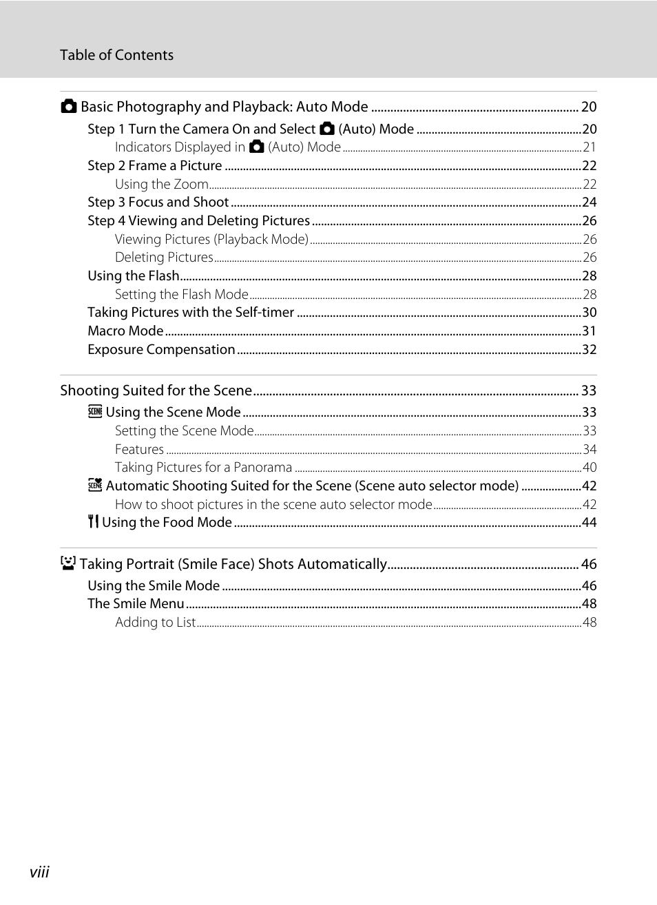 Viii | Nikon S560 User Manual | Page 10 / 172