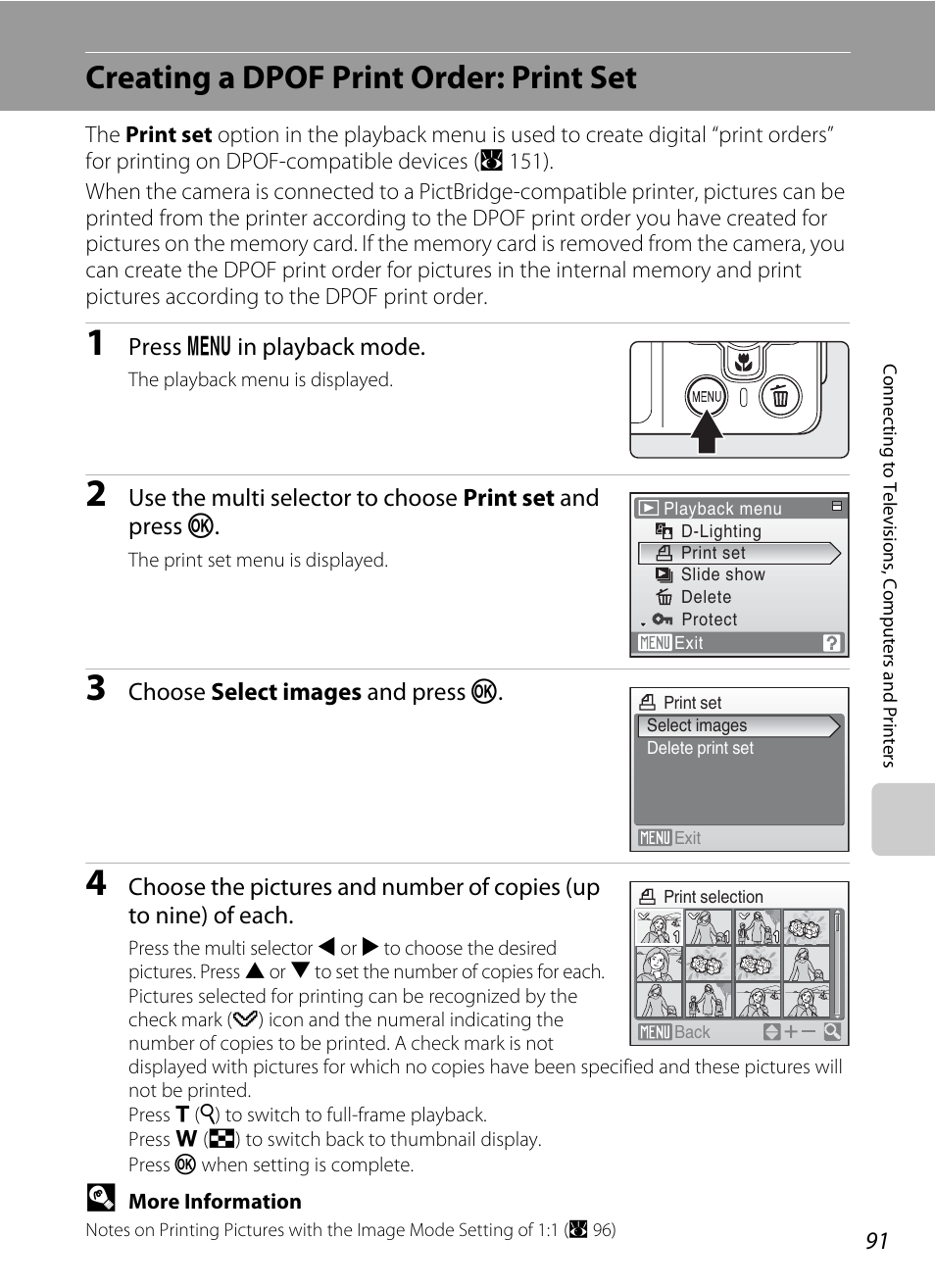 Creating a dpof print order: print set, A 91), A 91 | Nikon S560 User Manual | Page 105 / 172