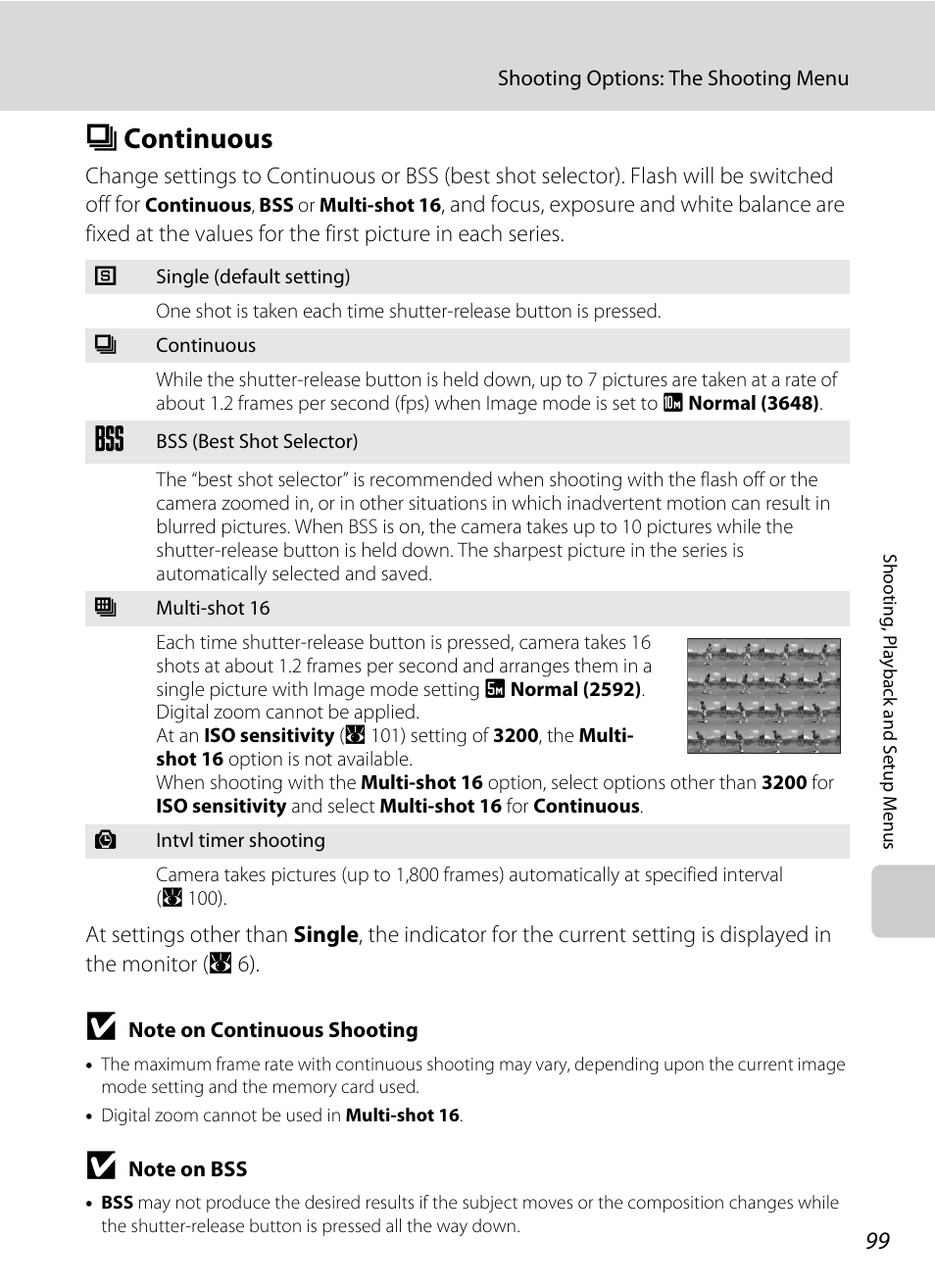 Continuous, C continuous, A 99 | T (a 99) | Nikon S560 User Manual | Page 113 / 172