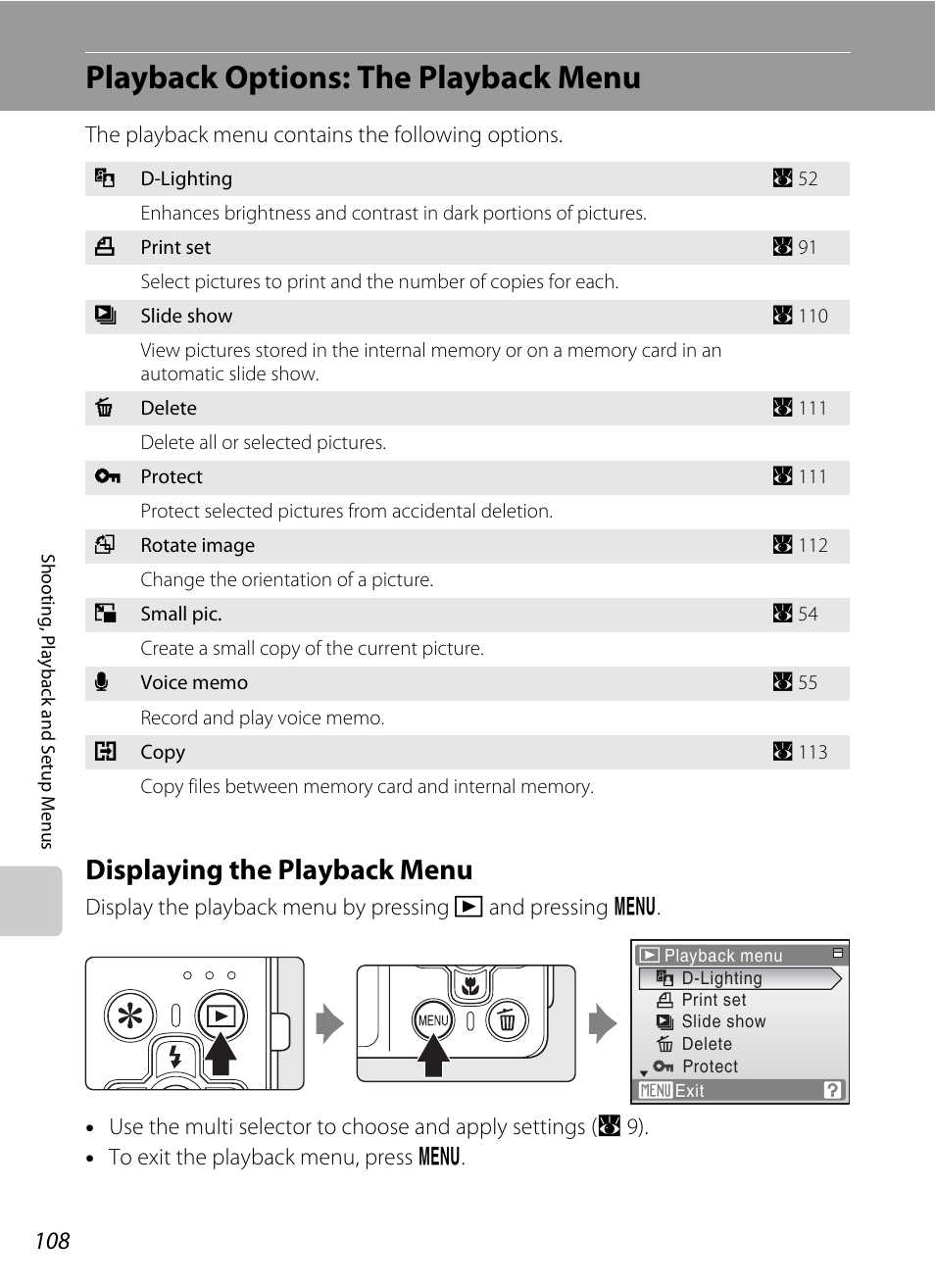 Playback options: the playback menu, Displaying the playback menu, Playback menu (a 108) | Nikon S560 User Manual | Page 122 / 172