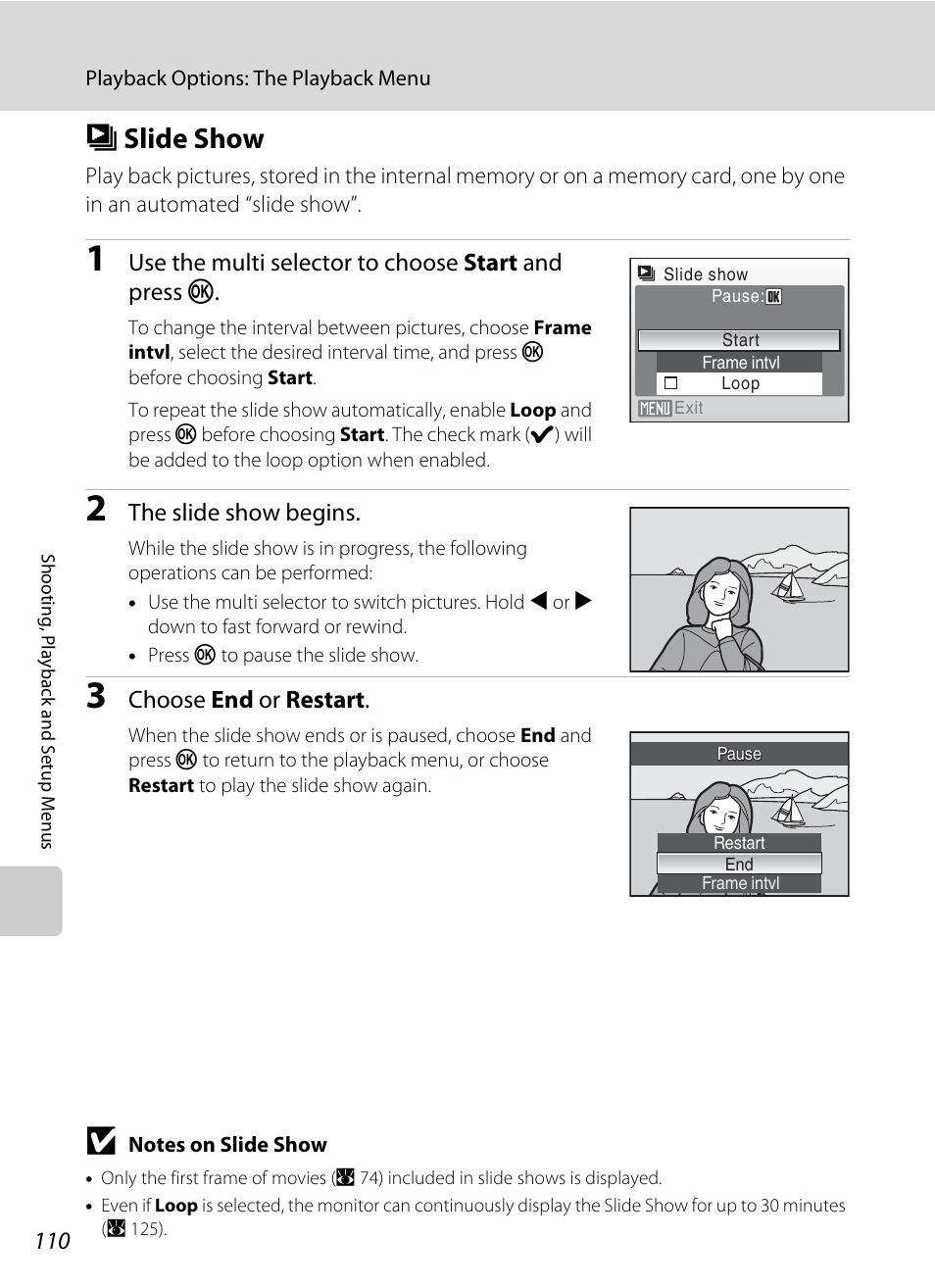 Slide show, B slide show, A 110 | Nikon S560 User Manual | Page 124 / 172