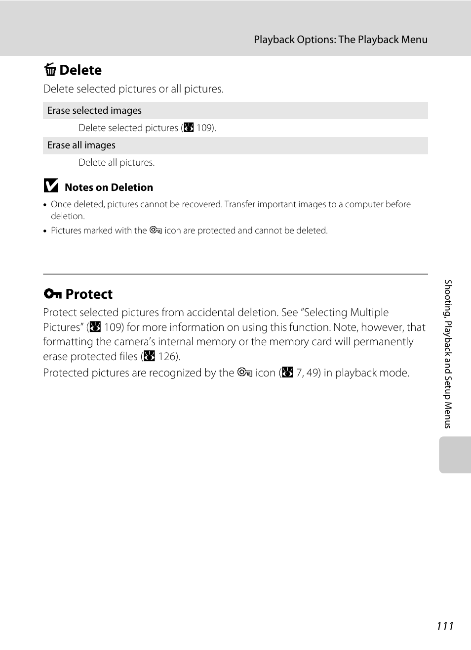 Delete, Protect, C delete d protect | A 111), A 111) are, Ting (a 111) as the, A 111, 11) whi, C delete, D protect | Nikon S560 User Manual | Page 125 / 172