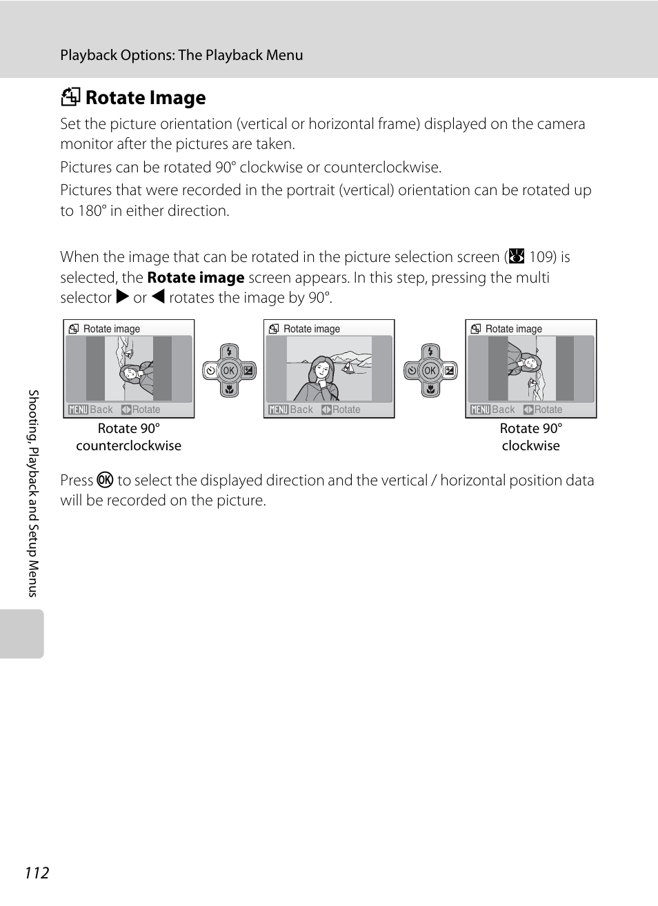 Rotate image, F rotate image, A 112) to change the | A 112, A 112), pict | Nikon S560 User Manual | Page 126 / 172