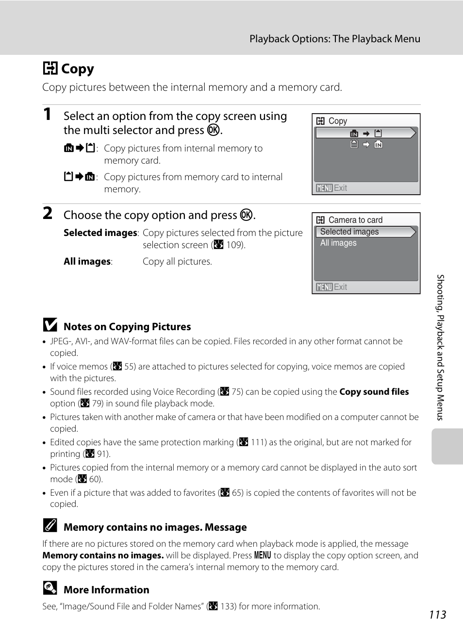 Copy, H copy, A 113) c | A 113, A 113), Choose the copy option and press k | Nikon S560 User Manual | Page 127 / 172