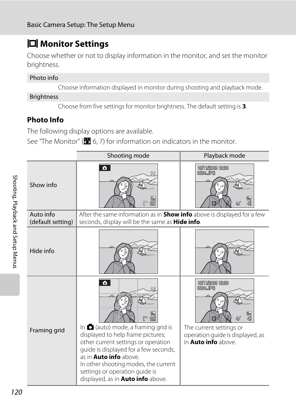 Monitor settings, E monitor settings, A 120) | A 120, Photo info | Nikon S560 User Manual | Page 134 / 172