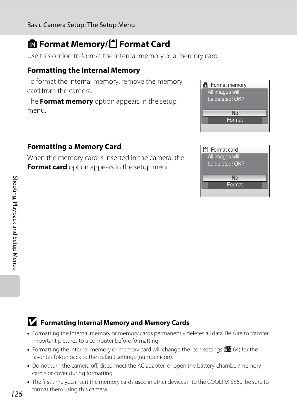 Format memory/format card, L format memory/m format card, A 126) | A 126 | Nikon S560 User Manual | Page 140 / 172