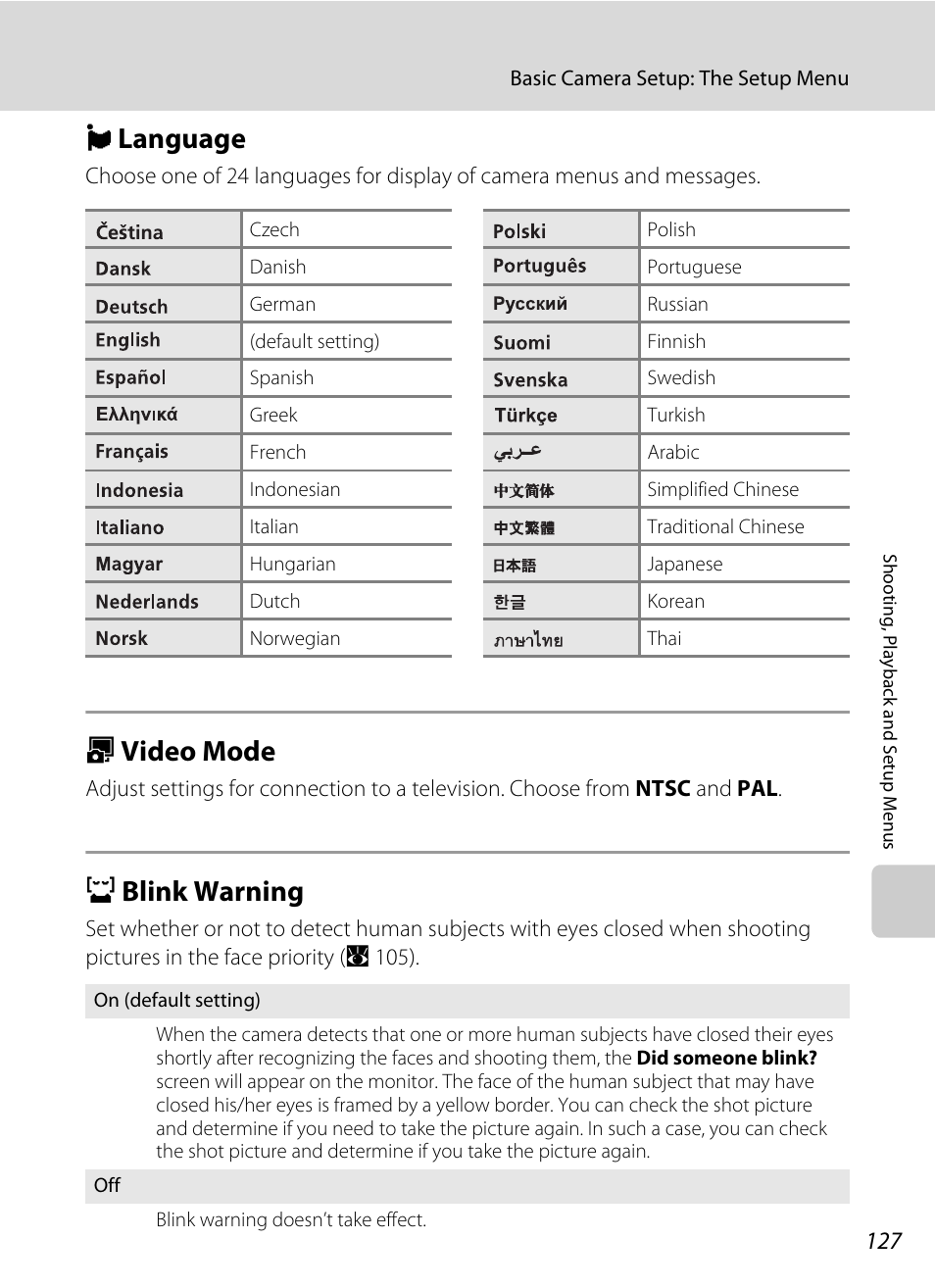 Language, Video mode, Blink warning | N language o video mode d blink warning, A 127), A 127, N language, O video mode, D blink warning | Nikon S560 User Manual | Page 141 / 172