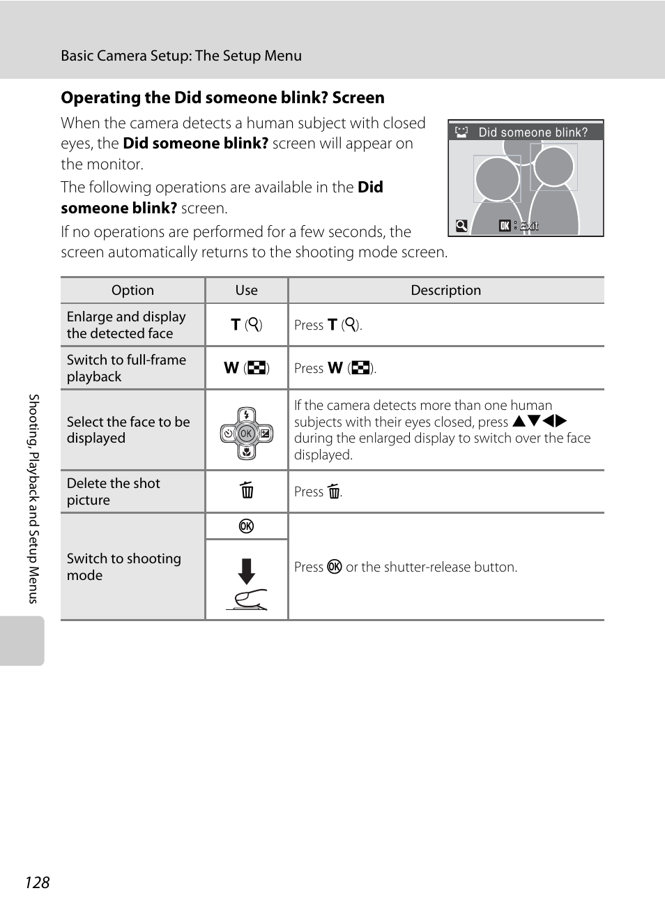 A 128), Operating the did someone blink? screen | Nikon S560 User Manual | Page 142 / 172