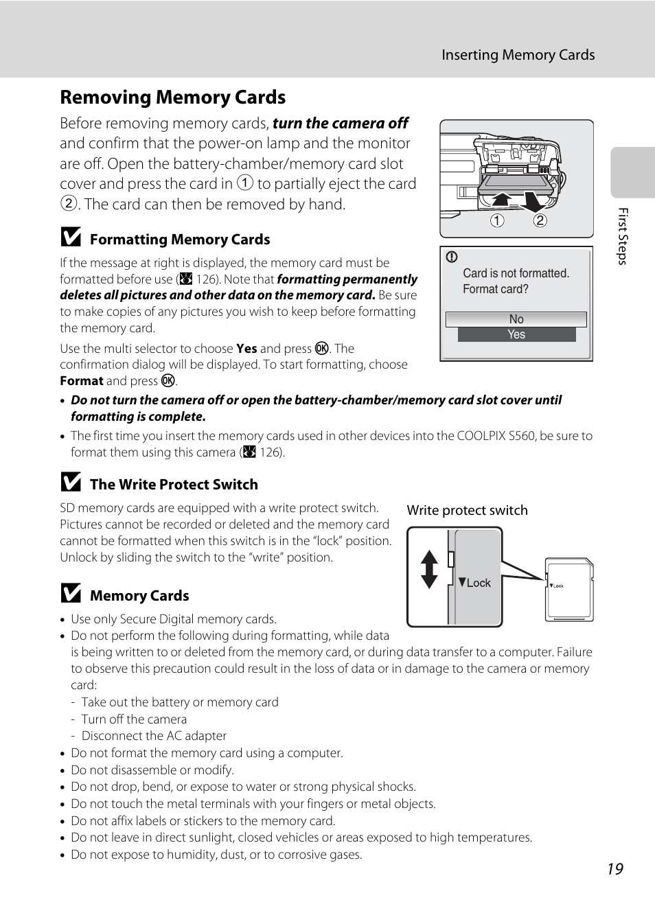 Removing memory cards | Nikon S560 User Manual | Page 33 / 172