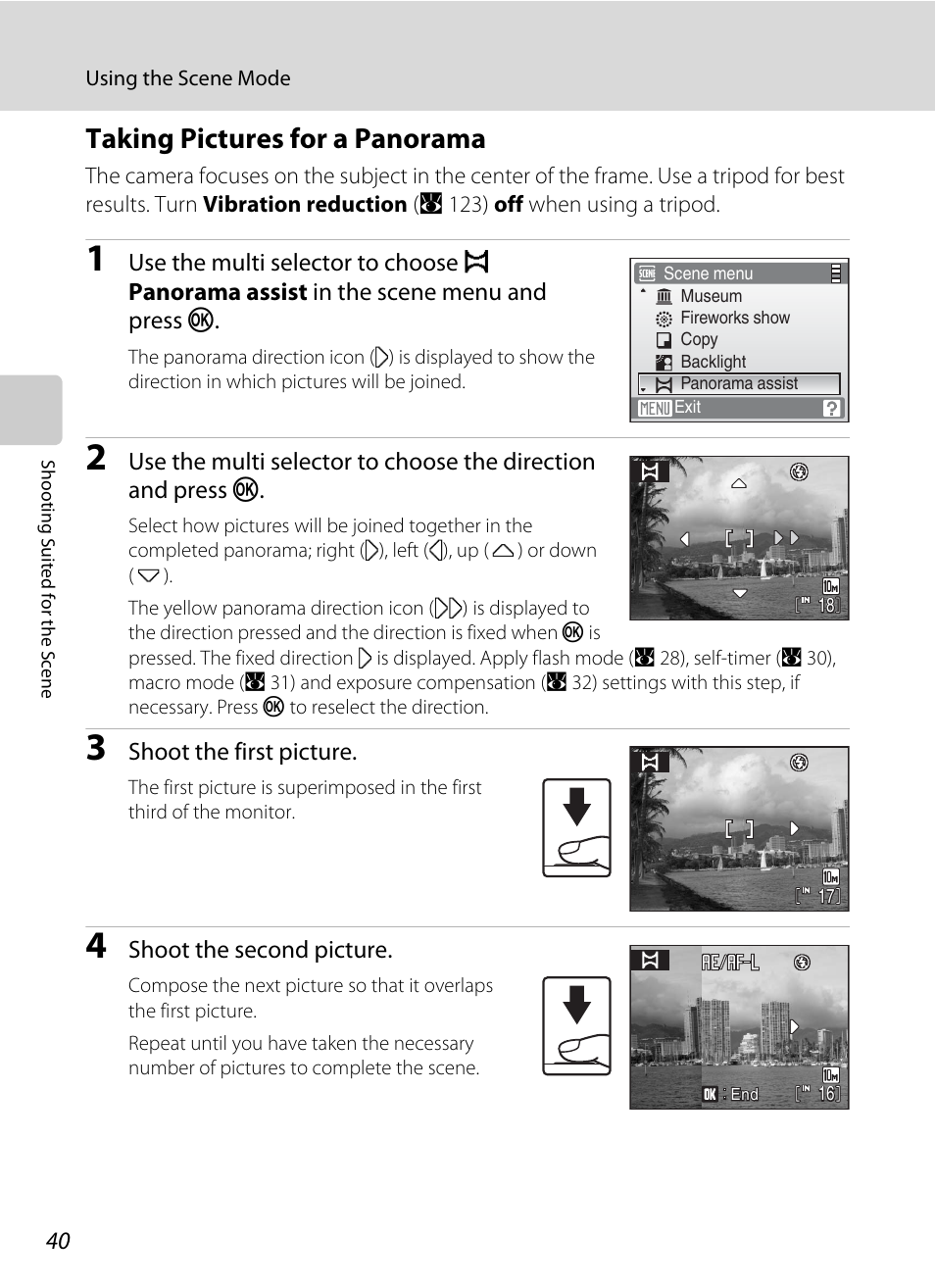Taking pictures for a panorama | Nikon S560 User Manual | Page 54 / 172