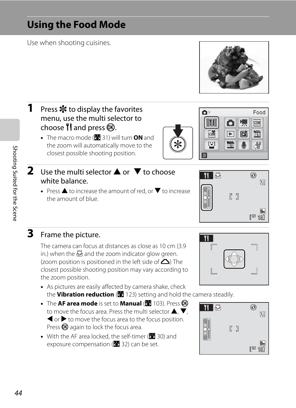 Using the food mode, U using the food mode, A 44) | Nikon S560 User Manual | Page 58 / 172