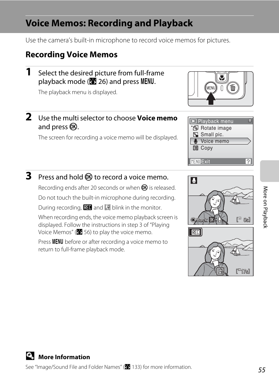 Voice memos: recording and playback, Recording voice memos | Nikon S560 User Manual | Page 69 / 172